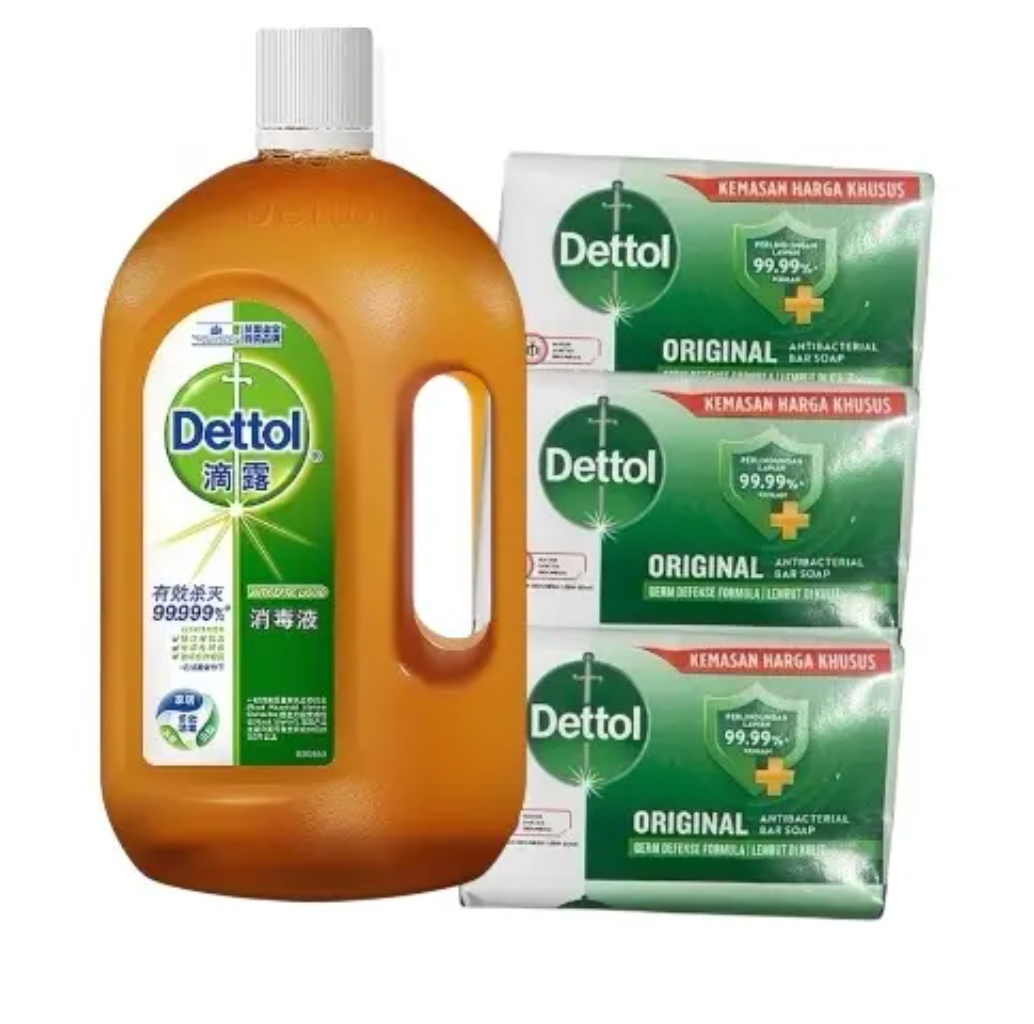 Dettol Antiseptic Disinfectant For first Aid, home cleaning, acne, 750 ml & 4 Soap Bars - Effective Surface Cleaner for Household Hygiene- Package May vary Healthcare